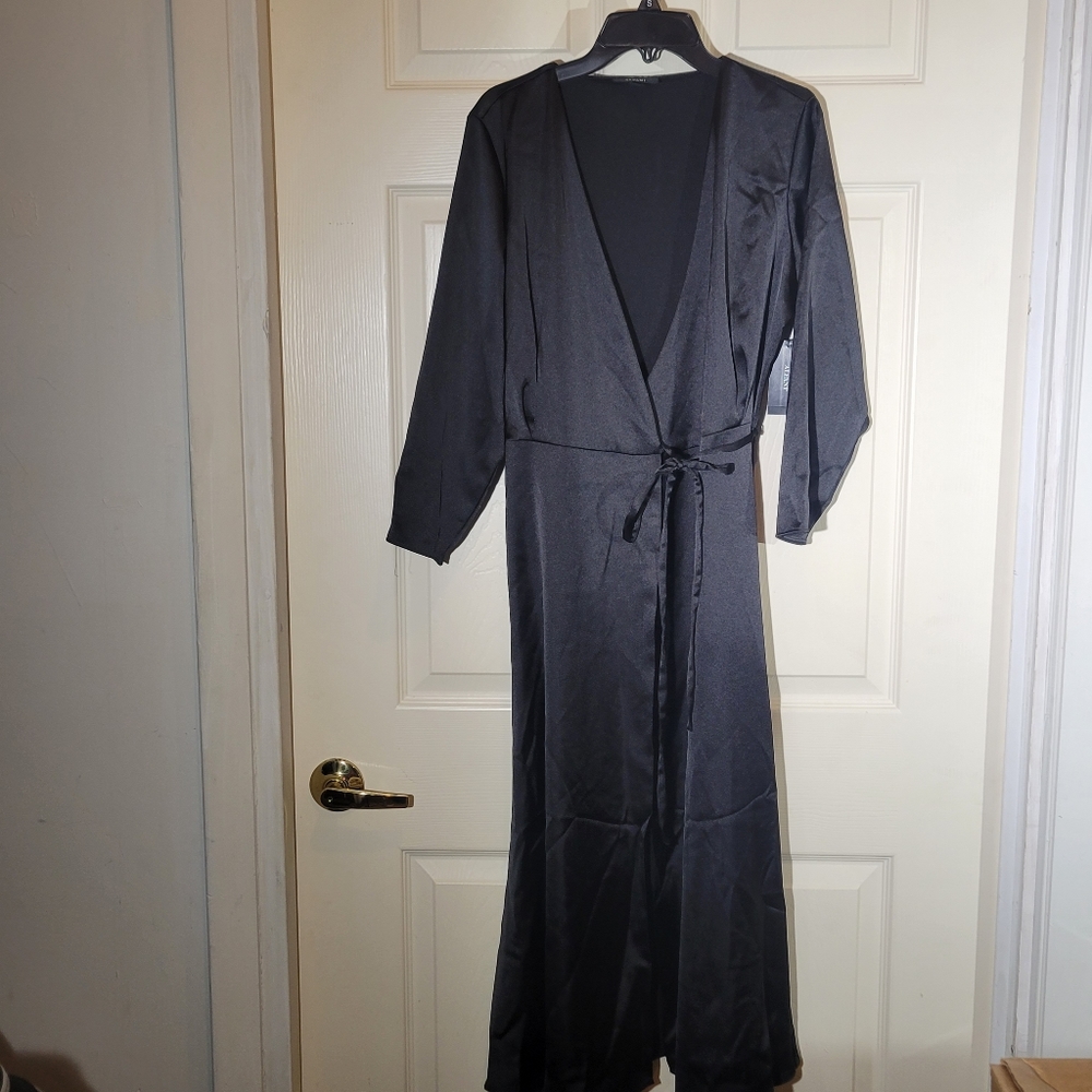 Alfani Women's Elbow Sleeve Satin Surplice Dress 4 Black